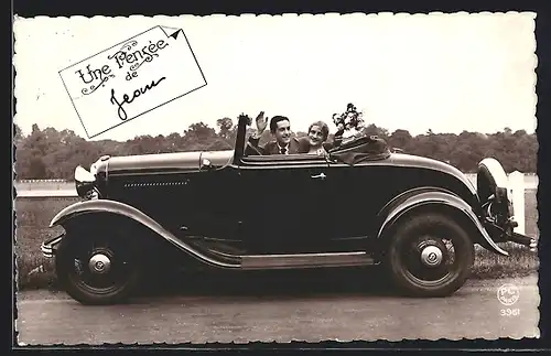 Foto-AK Auto Ford V-8 Deluxe Roadster (1932), Fotomontage eines Paares in einem schwarzen Fahrzeug, P. C. Paris