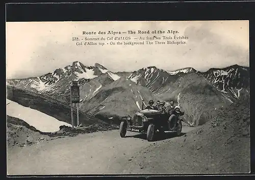 AK Auto Citroen A (1919), Sommet du Col d`Allos, Au fond les Trois Êvèchés