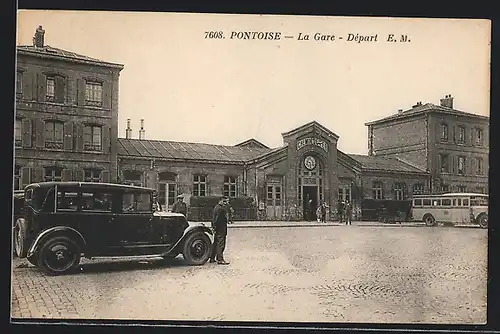 AK Pontoise, Auto Renault 15CV (1928), La Gare, Départ