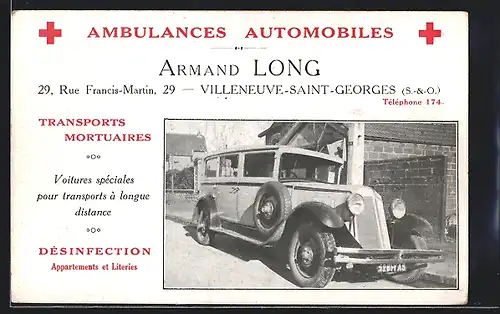 AK Villeneuve-Saint-Georges, Auto Renault Reimastella (1930 /31), Ambulances Automobiles, Armand Long, Krankenwagen