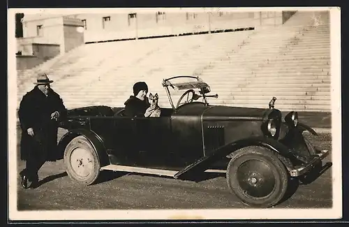 Foto-AK Auto Zedel, Dame mit Hund am Lenkrad