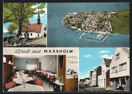 AK Maasholm, Blick zur Kirche, Luftansicht, Bäckerei-Café