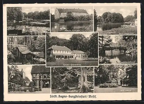 AK Burgsteinfurt / Westf., Fürstl. Bagnogaststätte, Knüppelbrücke, Schlosseingang