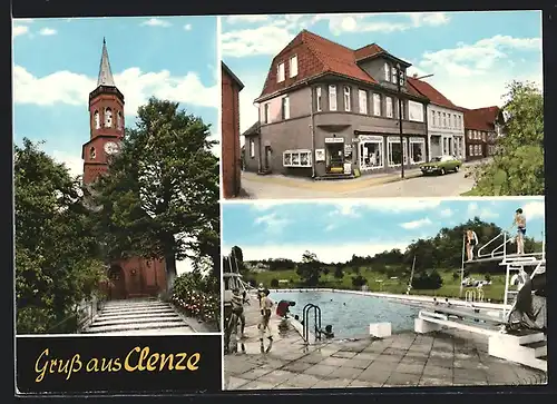 AK Clenze, Kirche, Schwimmbad, Strassenpartie
