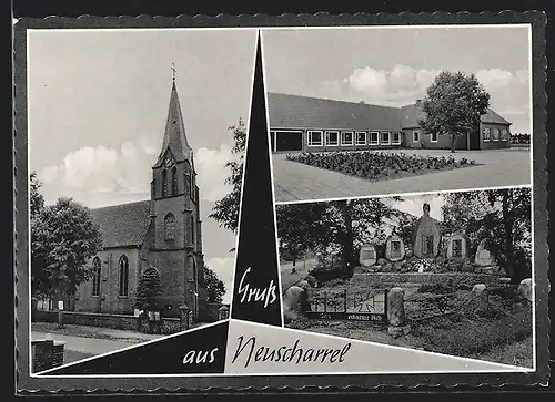 AK Neuscharrel, Kirche, Friedhof, Innenhof mit Gebäude