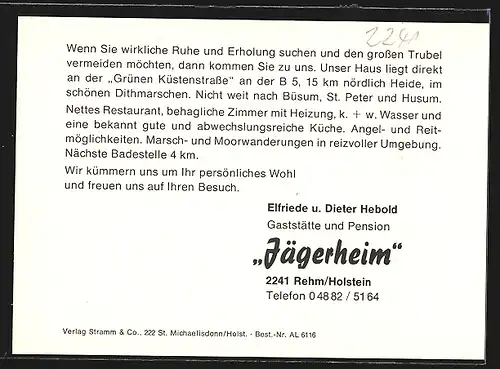AK Rehm /Holstein, Gaststätte und Pension Jägerheim, Auto parkt vor Eingang