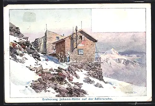 Künstler-AK Edward Theodore Compton: Erzherzog Johann-Hütte auf der Adlersruhe im Schnee