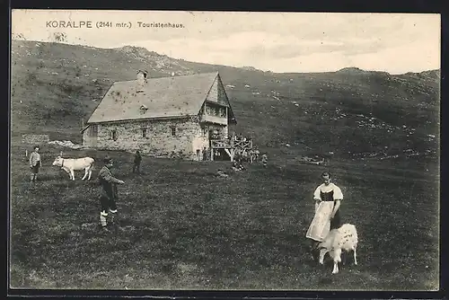 AK Touristenhaus Koralpe mit Ziegen und Kühen auf der Weide