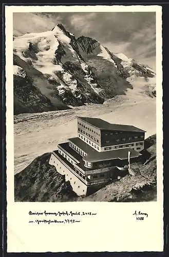 AK Kaiser Franz-Josef-Hütte mit Grossglockner aus der Vogelschau im Sonnenschein