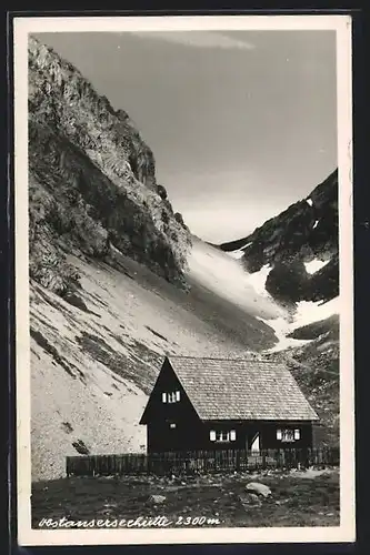 AK Obstanserseehütte, Ansicht gegen den Aufstieg auf die Bergspitze