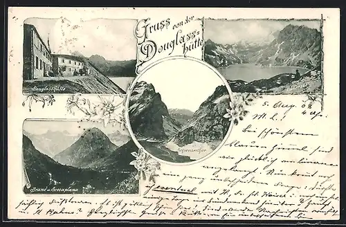 AK Douglass-Hütte, Berghütte, Blick zum Schweizerthor, Brand und Schesaplana