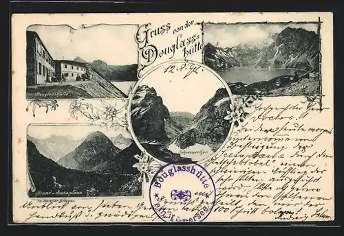 AK Douglass-Hütte, Berghütte, Blick zum Schweizerthor, Brand und Schesaplana