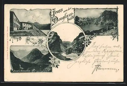 AK Douglass-Hütte, Berghütte, Blick zum Schweizerthor, Brand und Schesaplana