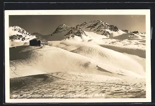 AK Heilbronner-Hütte, Berghütte mit Schrottenkopf im Schnee