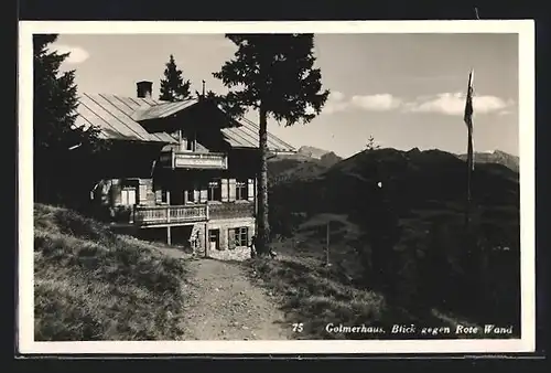 AK Golmerhaus, Berghütte mit Blick gegen Rote Wand