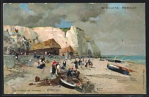 Künstler-AK sign. Luigi Loir: Etretat, Les Plages de France, Strandpartie, Reklame Biscuits Pernot