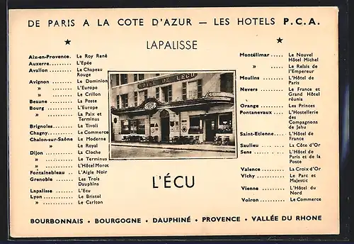 AK Lapalisse, Hotel de L`Écu, Les Hotels P. C. A. de Paris à la Cote d`Azur, Montélimar, Le Nouvel Hôtel Michel