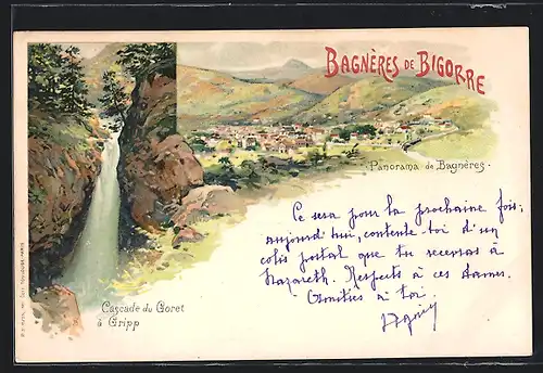 Lithographie Bagnères de Bigorre, Cascade du Goret à Gripp