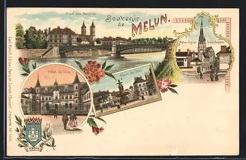 Lithographie Melun, Hotel de Ville, Place St-Jean, Eglise Saint-Aspais