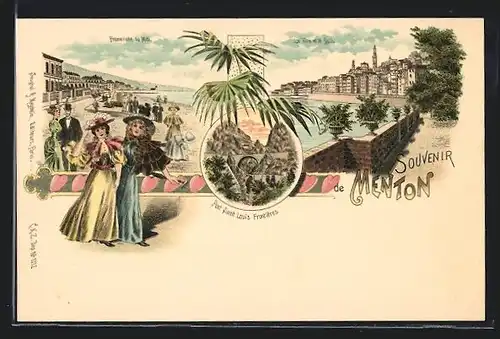 Lithographie Menton, Promenade du Midi, Pont Saint Louis Frontieres, la Ville et le Quai
