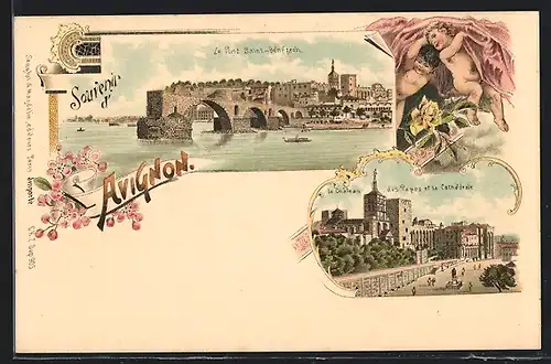 Lithographie Avignon, Le Pont Saint-Benezech, Le Chateau des Papes et Cathedrale