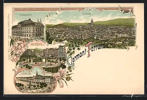 Lithographie Clermont Ferrand, Le nouveau Théâtre, Vue générale, Place St. Hérem