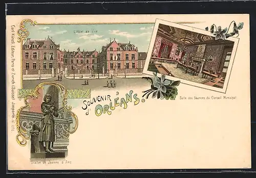 Lithographie Orléans, L`Hotel de Ville, Statue de Jeanne d`Arc