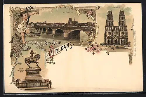 Lithographie Orleans, La Cathédrale, Statue de Jeanne d`Arc