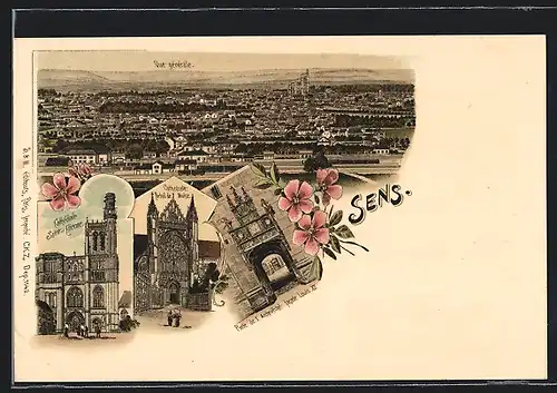 Lithographie Sens, Vue générale, Cathédrale Saint-Etienne, Porte de l`Archevêché