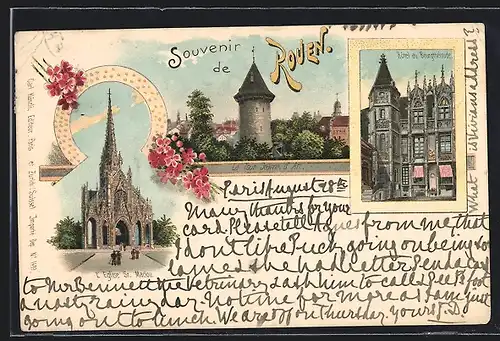 Lithographie Rouen, Hotel du Bourgtheroude, La Tour Jeanne d`Arc