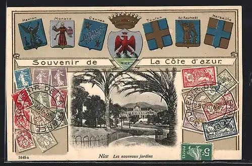 Passepartout-AK Nice, Les nouveau jardins, Briefmarken und Wappen
