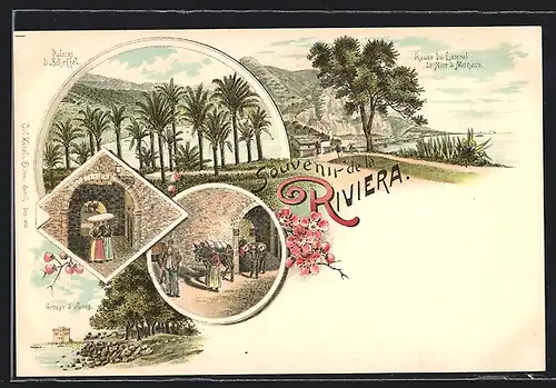 Lithographie Nice, Palmes di Scheffel, Route du Littoral