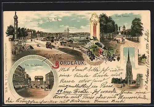 Lithographie Bordeaux, Porte des Salimeres, Tour St. Michel, Quai Nord