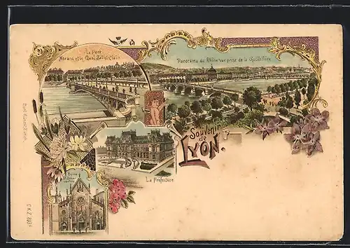 Lithographie Lyon, Le Pont Morand et le Quai Saint-Claire, La Préfecture, Eglise St-Bonaventura