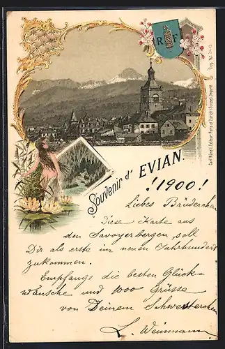 Lithographie Evian, Vue Generale