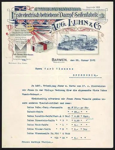 Rechnung Barmen 1901, Aug. Luhn & Co., Erste electrisch betriebene Dampf-Seifenfabrik, Werk- und Produktansicht