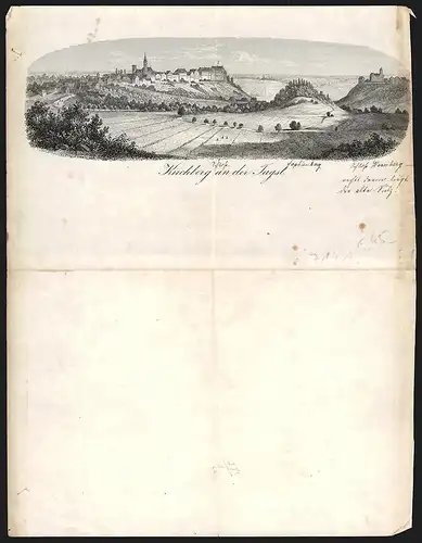 Briefkopf Kirchberg an der Jagst, Panoramablick auf die Ortschaft in idyllischer Hügellandschaft