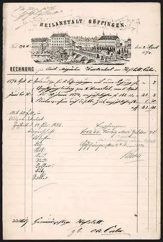 Rechnung Göppingen 1874, Heilanstalt Göppingen, Ortspartie mit einer Brücke, Pferdekutsche darauf