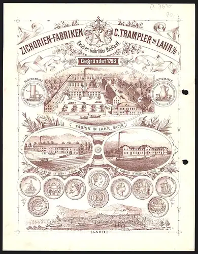 Rechnung Lahr (Baden) 1892, C. Trampler, Erste Zichorienfabrik Süddeutschlands, Werkansichten in Lahr, Bühl und Pratteln