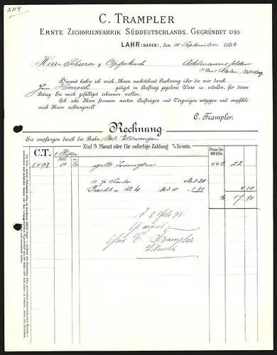 Rechnung Lahr (Baden) 1892, C. Trampler, Erste Zichorienfabrik Süddeutschlands, Werkansichten in Lahr, Bühl und Pratteln