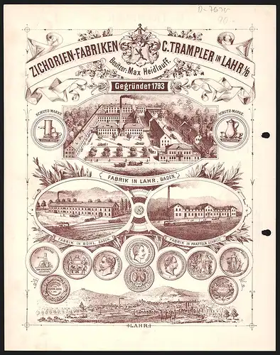 Rechnung Lahr (Baden) 1893, C. Trampler, Erste Zichorienfabrik Süddeutschlands, Dreierlei Werkansichten und Medaillen