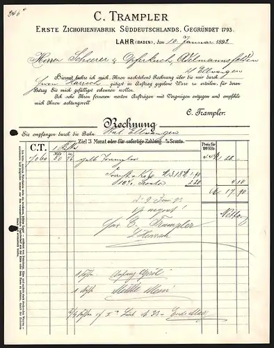 Rechnung Lahr (Baden) 1893, C. Trampler, Erste Zichorienfabrik Süddeutschlands, Dreierlei Werkansichten und Medaillen