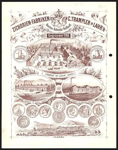 Rechnung Lahr (Baden) 1892, C. Trampler, Erste Zichorienfabrik Süddeutschlands, Werkansichten und Auszeichnungen