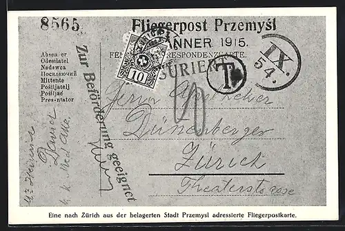AK Zürich, Briefmarken-Ausstellung 1915, aus Przemysl nach Zürich adressierte Fliegerpostkarte
