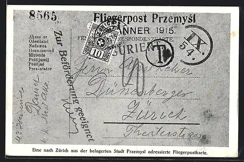 AK Zürich, Briefmarken-Ausstellung 1915, Fliegerpostkarte aus der belagerten Stadt Przemysl, Postgeschichte