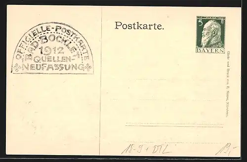 AK Bad Bocklet, Festpostkarte 1912, Quellenneufassung, Ganzsache Bayern