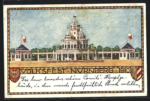 Künstler-AK Nürnberg, Volksfest 1910, Blick zum Festgelände, Wappen, Ganzsache Bayern