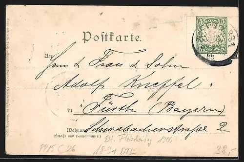 Künstler-AK Ganzsache Bayern PP15C26: Nürnberg, Deutscher Fleischertag 1900, Fleischhaus und Wappen