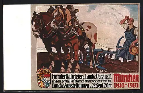 Künstler-AK München, Landwirtschaftliche Ausstellung 1910, Bauer beim Pflügen, Ganzsache Bayern