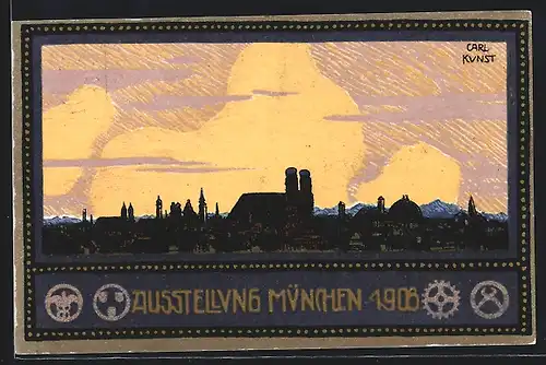 Künstler-AK München, Ausstellung 1908, Stadt im Abendlicht, Ganzsache Bayern